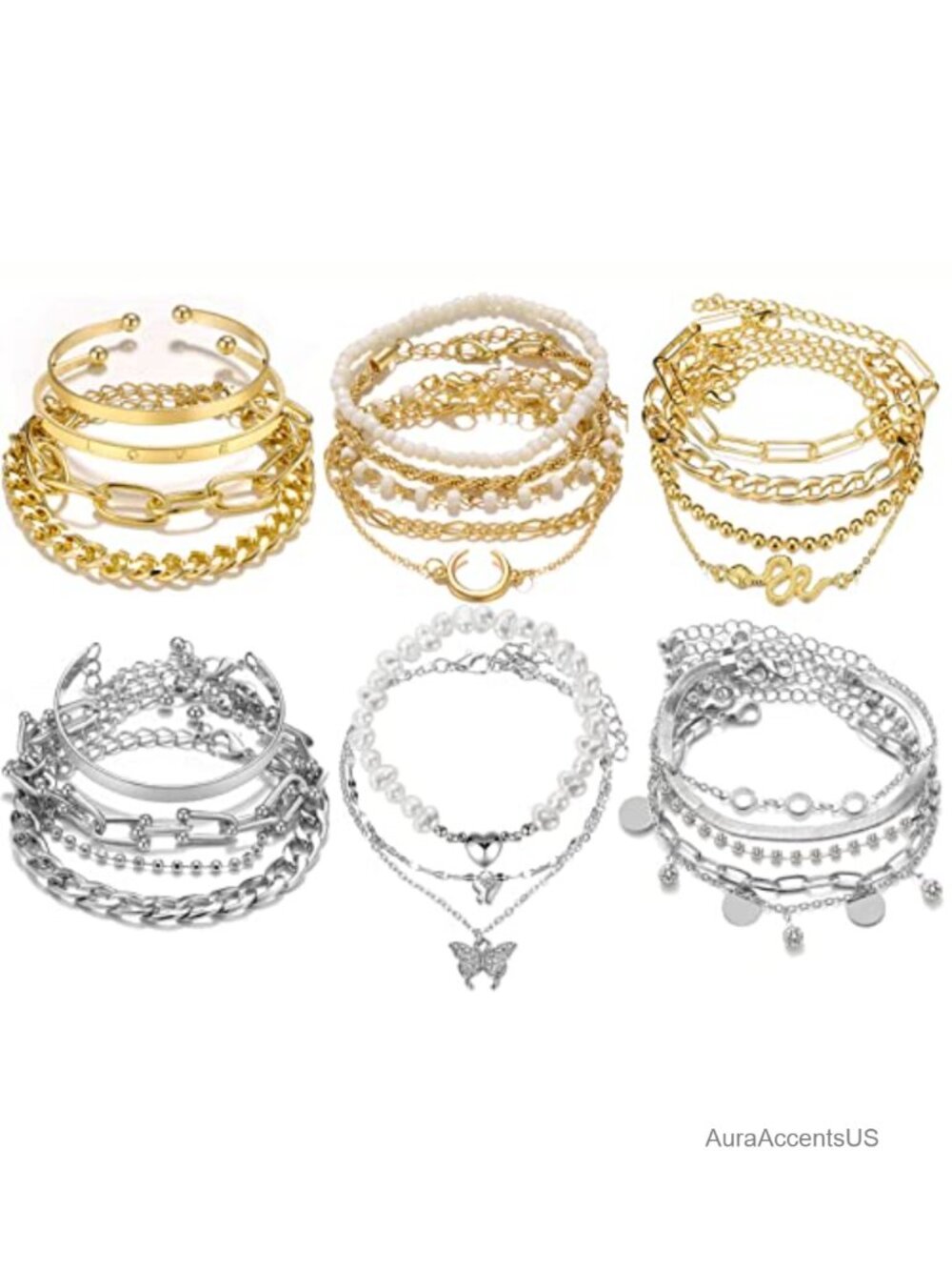 24 Pcs Mixed Gold Silver Stackable Bracelets Set for Women